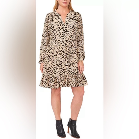 Vince Camuto Plus Size Animal Print Long Sleeve Split Neck Baby Doll Dress, 1X - Picture 1 of 14